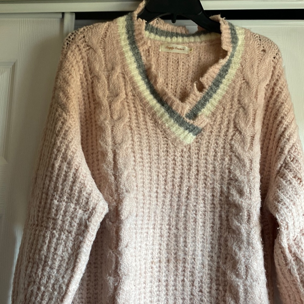 Pink and Gray V-neck Oxford style sweater with raw edges
